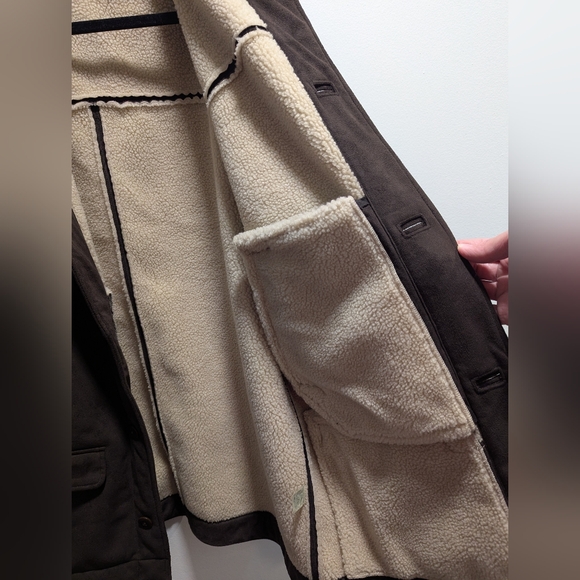 LL Bean Men Brown Sherpa Lined Faux Suede Barn Jacket Coat Large Grandpa Chore - Picture 5 of 12